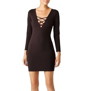 AMANDA UPRICHARD Black Lace Up Sheath Mini Dress | Long Sleeve V-Neck LBD Small